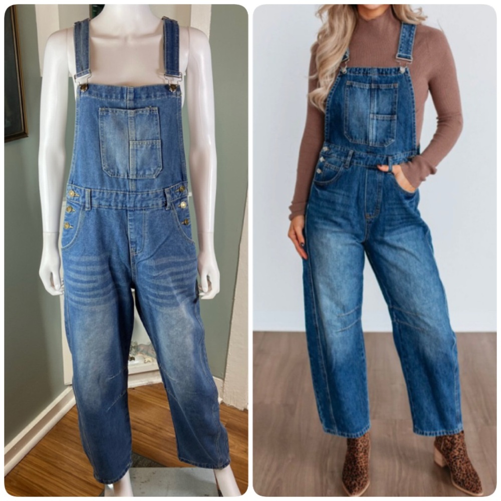 NWOT Blue Denim Jean Women's Overalls Barrel Leg Faded Size Medium Wash M